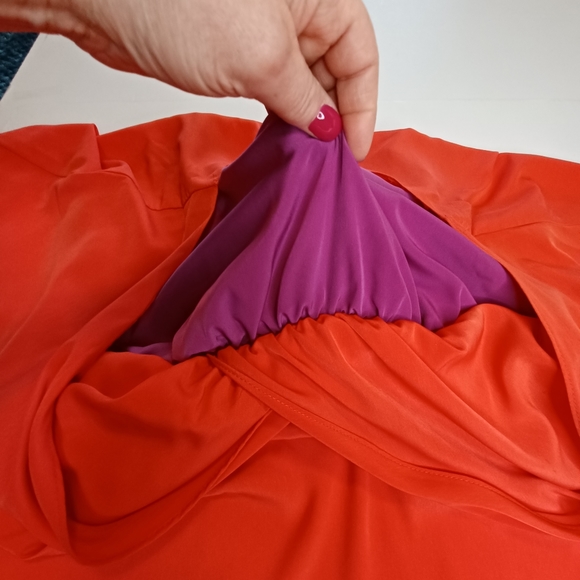 MSK Silky Batwing Colorblock Twofer Belted Dress Women's Sz Med Red Purple - Picture 8 of 11